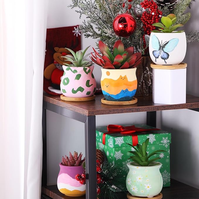 Remerry 18 Pcs 3.5 Inch DIY Ceramic Succulent Pots for Painting Figurines Paint Craft Kit Unpainted Ceramic Bisque Paintable Flowerpots with Drainage Hole Ready to Paint
