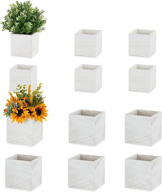 NUPTIO Wooden Box for Centerpiece Wedding: 12 Pcs Rustic Square Planter Box Farmhouse Table Fall Decor - 4×4" & 5×5" Whitewashed Small Wood Vases Flower Pots for Windowsill Home Garden