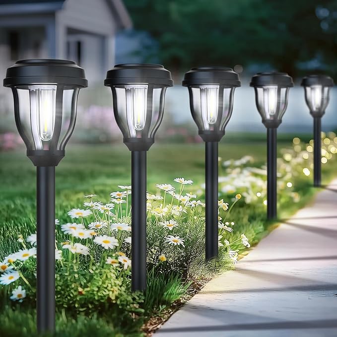 DERAYSION 12 Pack Solar Lights Outdoor, Solar Pathway Lights Auto On/Off Waterproof Garden Landscape Lighting for Path, Yard, Walkway, Driveway, Cold White