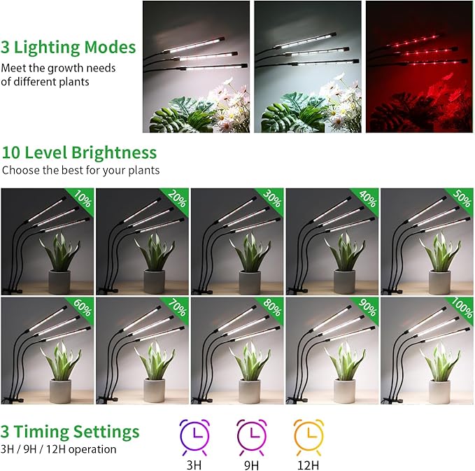 3 Head Grow Lights for Indoor Plants, Upgrade 126 LEDs Clip Plant Lights, Full Spectrum Red White LED Plant Growing Lamps with Flexible Gooseneck, 3/9/12H Timer, 3 Spectral Modes, 10 Dimmable Levels