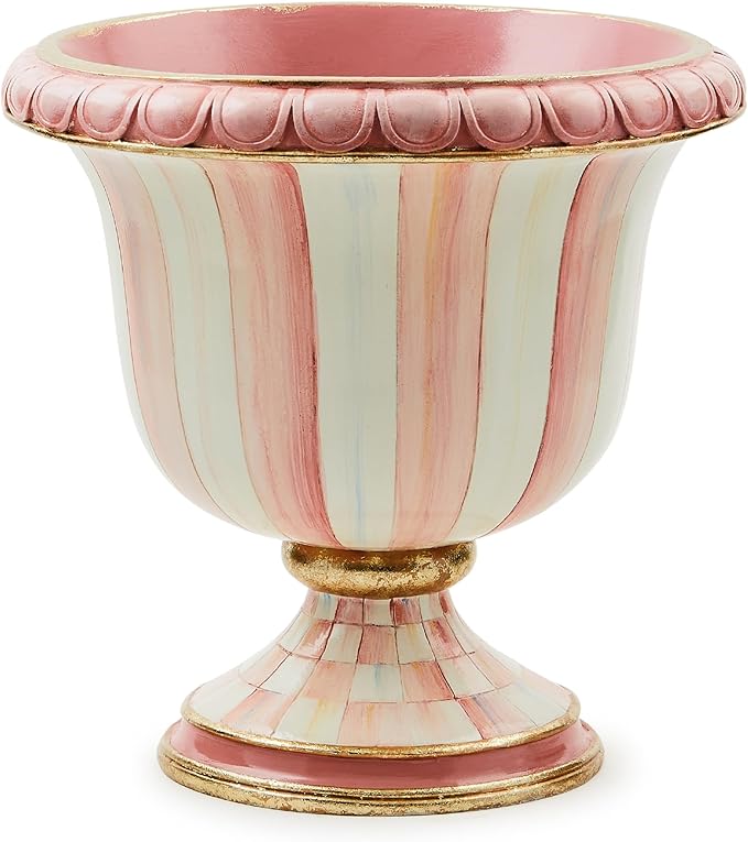 MACKENZIE-CHILDS Pedestal Tabletop Urn, Decorative Centerpiece for Table, Mantel, or Shelf, Small, Pink-and-White Rosy Stripe