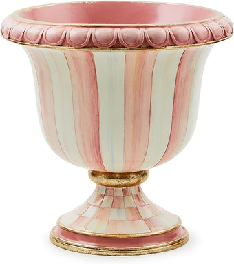 MACKENZIE-CHILDS Pedestal Tabletop Urn, Decorative Centerpiece for Table, Mantel, or Shelf, Small, Pink-and-White Rosy Stripe