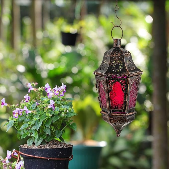 DECORKEY Ramadan Decorations, Lantern Decorative Indoor & Outdoor, 13.6’’ Moroccan Vintage Decorative Hanging Lantern with Chian for Home Porch Patio Decor, Metal Christmas Candle Holders(Rose Red)