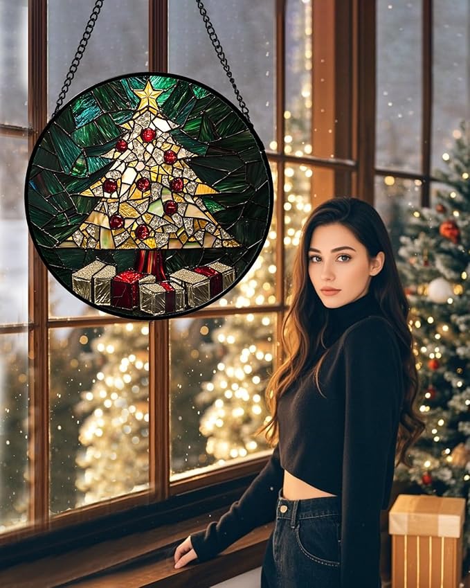 HWRHTR Stained Glass Window Hanging -Golden Christmas Tree Suncatcher for Doors Home Christmas Decoration Winter Sun Catcher Thanksgiving New Year Birthday Gifts for Women Men Mom Nana Girl 15 in