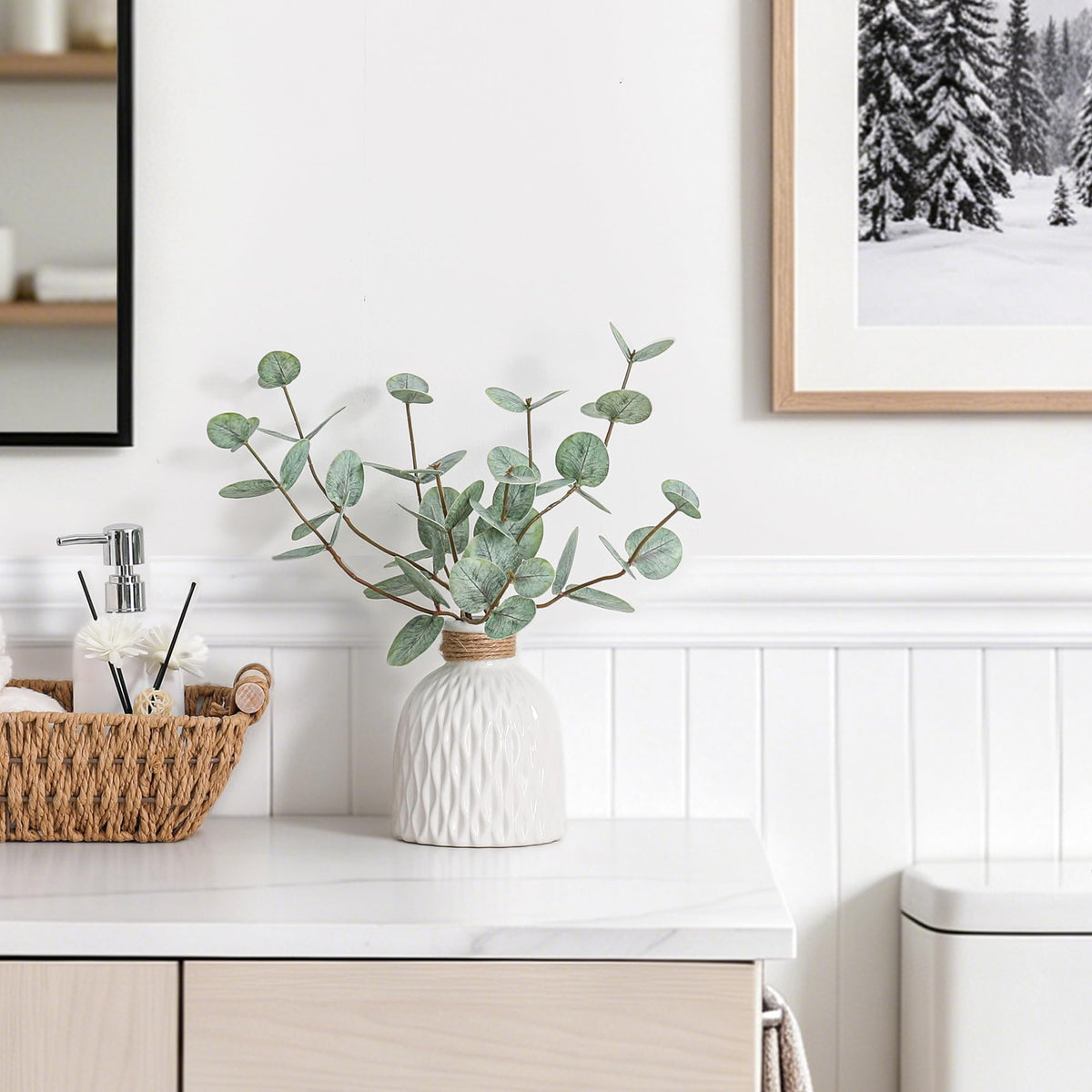 Fake Eucalyptus Plants 4 Stems in Ceramic Vase for Indoor Home Decor