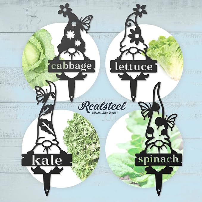 RealSteel Brand, Gnome Plant Markers for Outdoors, Garden Labels Metal Stake, Plant Tags, Garden Sign for Vegetables, Outdoor Decorations, Yard and Gardening Gift - Radish