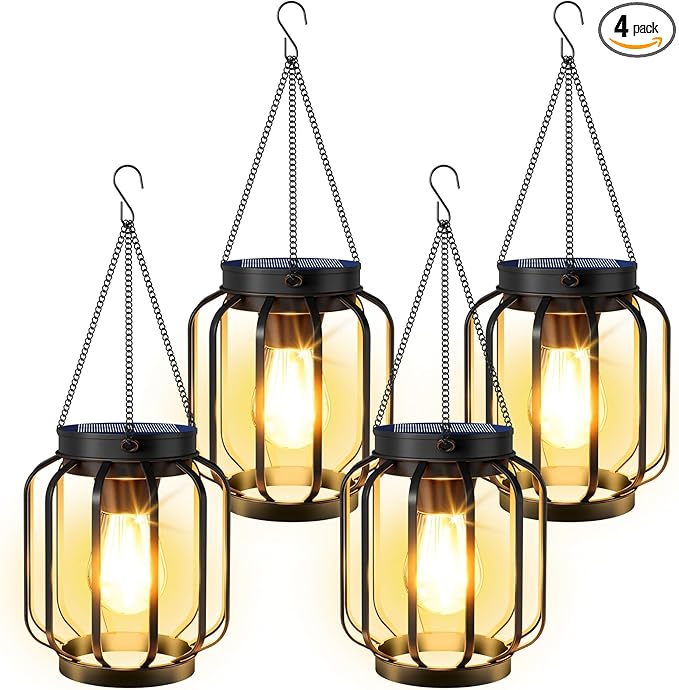 Solar Lanterns Outdoor Waterproof 4 Pack, 14.37'' Metal Hanging Solar Lights for Outside with Auto On/Off & Hook - Brighter Hanging Outdoor Lanterns Decorative Lighting for Garden Patio Yard