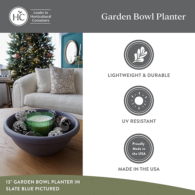 The HC Companies 13 Inch Garden Bowl Planter - Shallow Plant Pot with Drainage Plug for Indoor Outdoor Flowers, Herbs, Clay