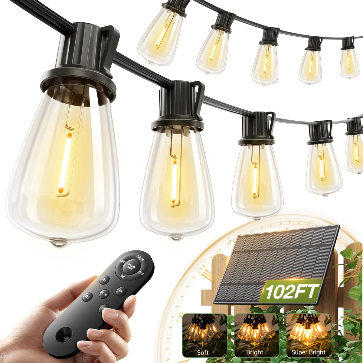 addlon 102FT(96+6) Solar String Lights Outdoor,Waterproof Dimmable 30+2 LED