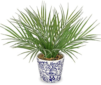 Hollyone Large Artificial Potted Plants Fake Palm Plants 13" Faux Green Plant Plastic Tropical Palm Tree in Blue and White Porcelain Ceramic Pots for Home Room Office House Indoor Decoration