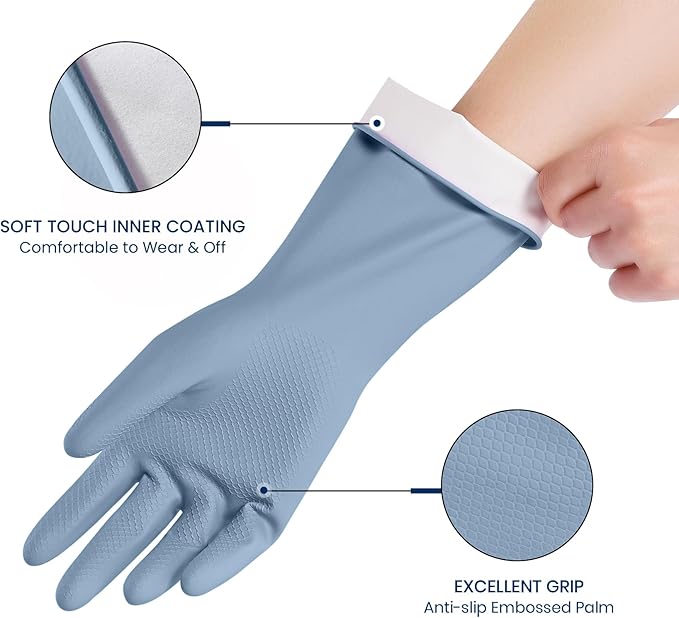 Rubber Cleaning Gloves for Dishwashing, 4 Pairs Reusable Kitchen Gloves for Washing Dishes and Household Cleaning, Blue Dish Gloves with Flocked Lining and Non-Slip Grip, Pefect for Woman Men - M