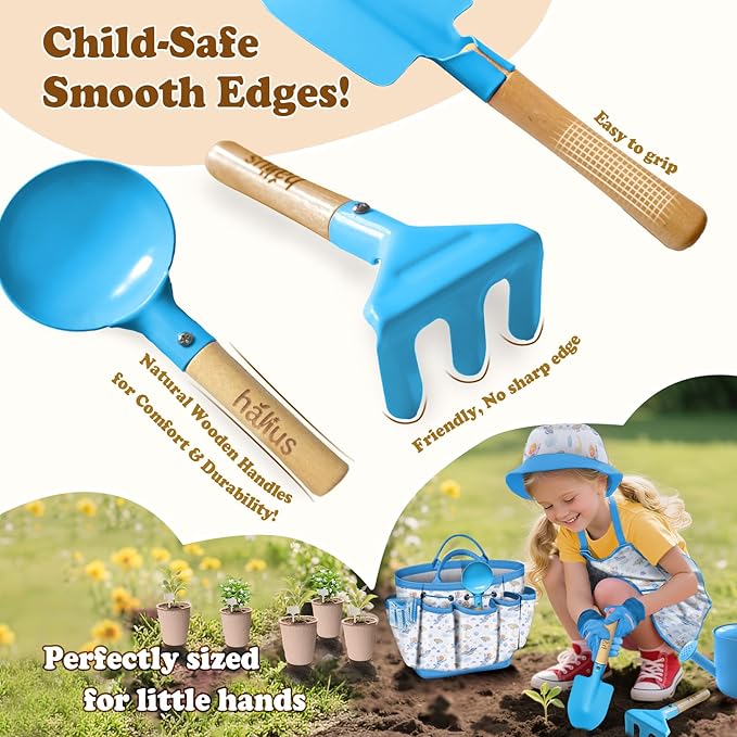 Kids Gardening Tool Set 18PCS Kids Toddler Gardening Set Includes Tote Bag Watering Can Apron Hat Rake Shovel Spoon Gloves Plant Pots and Labels, Outdoor Toys Gift for Boys Girls (Blue)