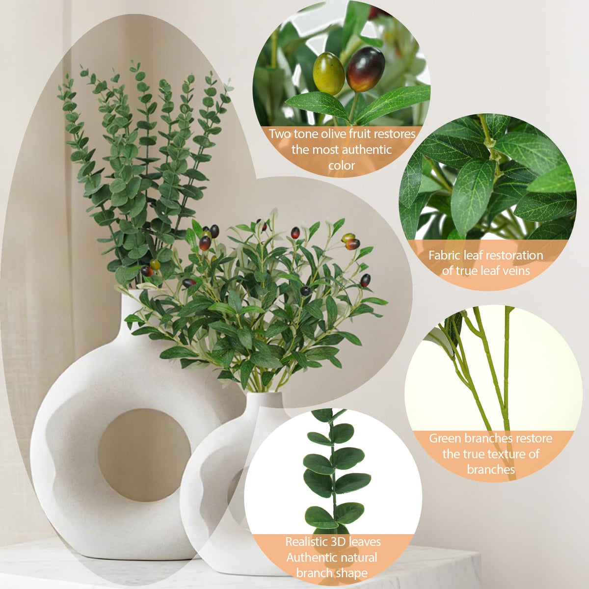 BUZIGUBY 16Pcs Faux Olive Branches&Eucalyptus Branches, 18''Artificial Olive Stems 15''Eucalyptus Stems,Perfect Greenery for Vase,Centerpieces,Spring Decor,Home Decoration for Dining Room&Living Room