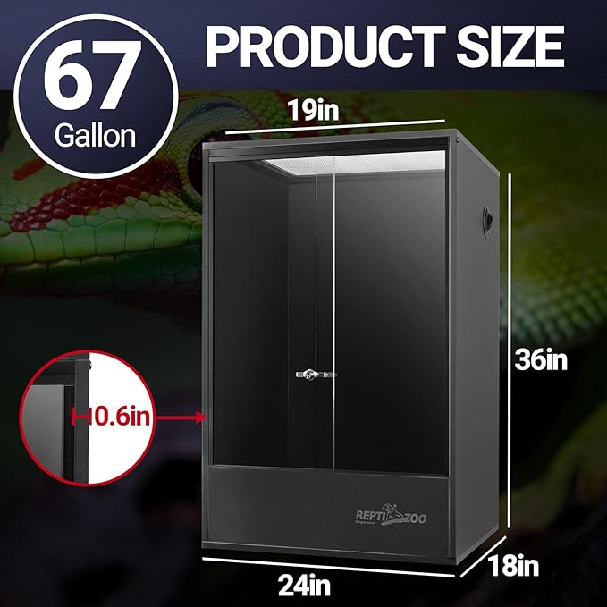 REPTIZOO 67 Gallon PVC Tall Reptile Tank, 24 x18x36 inch Large Reptile Terrarium for Gecko Lizard Chameleon Frog Snake, Enclosure Habitat with Sliding Door & Top Screen Ventilation