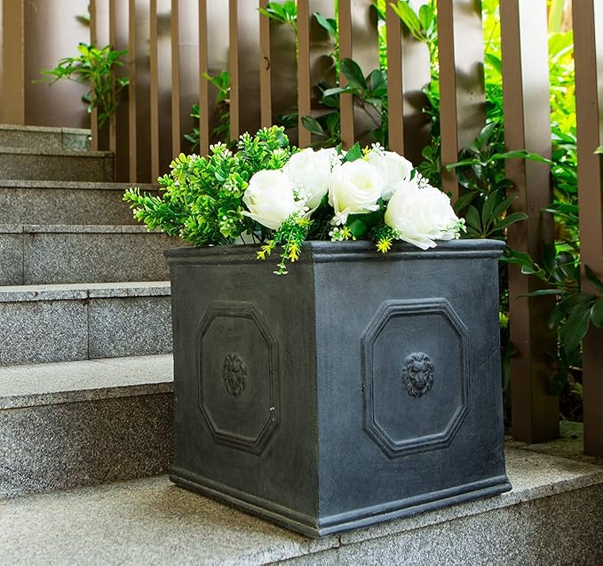Kante Square Lion Head Concrete Planter, Classic English Style Plant Pot with Drainage Hole and Rubber Plug for Indoor Outdoor Garden Patio Home, 12.6"x12.6"x12.6" Gravel Gray