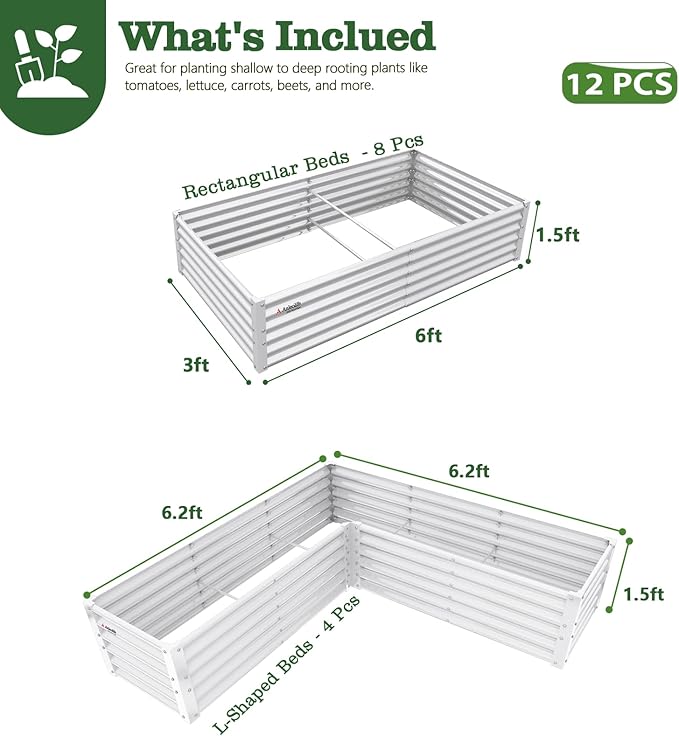 A ANLEOLIFE 12-Piece 18 Inch Tall Raised Garden Beds Kit, Rectangular & L-Shaped Combo Metal Planters – Ideal for Backyard DIY Creative Layouts, Antique White