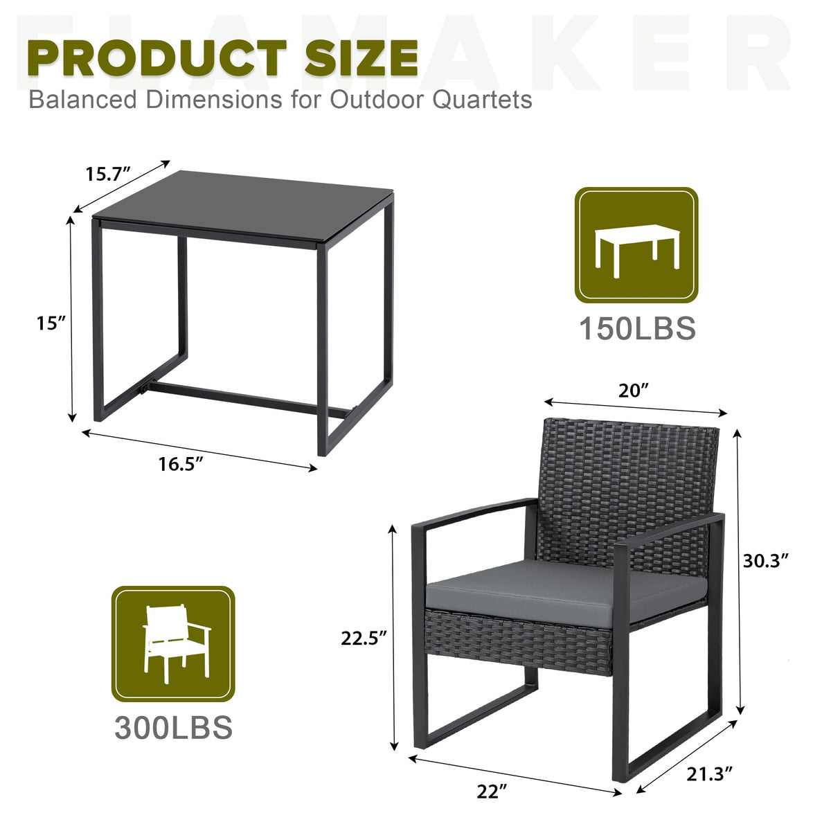 Flamaker 3 Pieces Patio Furniture Set Outdoor Wicker Bistro Chair (Grey)