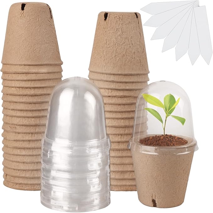 winemana 36 Set Plant Nursery Pots with Humidity Dome, Seed Starter Biodegradable Peat Pots, Seedlings Planting Pots with Labels for Indoor Outdoor Garden