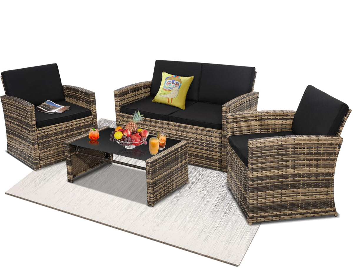 KROFEM 4 Piece Patio Furniture Set, Outdoor Wicker Conversation Set