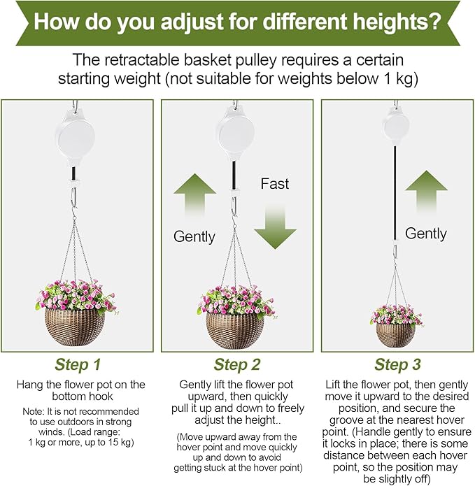 TERVEEX Retractable Plant Hanger with Pulley System, Effortless Raising and Lowering for Indoor and Outdoor Plants, Hanging Planters, Garden Pots & Bird Feeders (4-Pack,White)