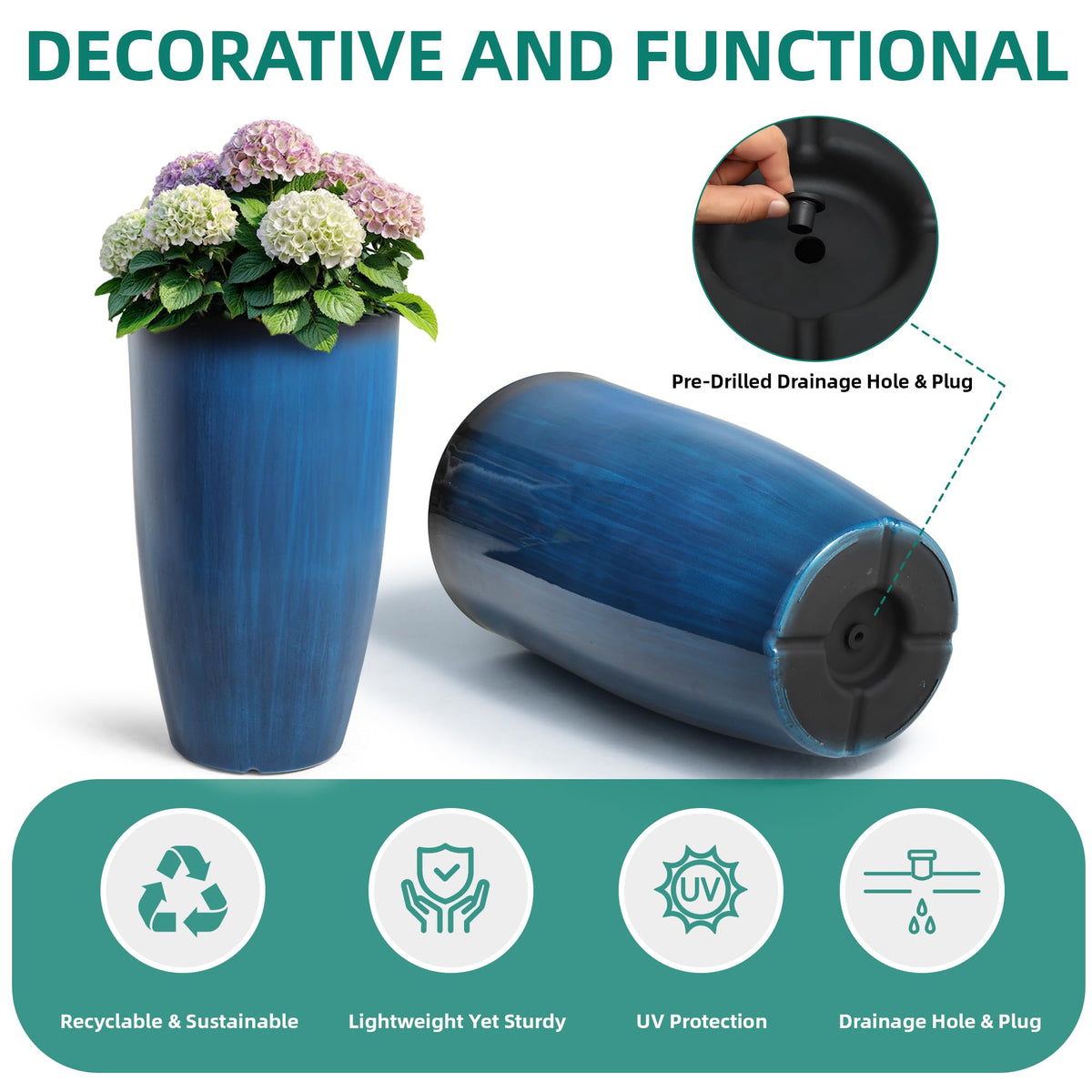 Autodaya 24" Large Tall Outdoor Planters Set of 2, Faux Ceramic Flower Pots