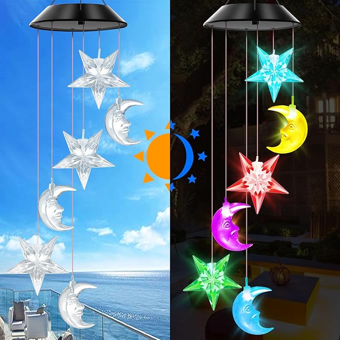 Solar Wind Chimes Outdoor Color Changing Lights, Gift for Women Mom Grandma Sister Best Gifts, Wind Chimes Unique Outdoor Garden Yard Decor (Star and Moon)