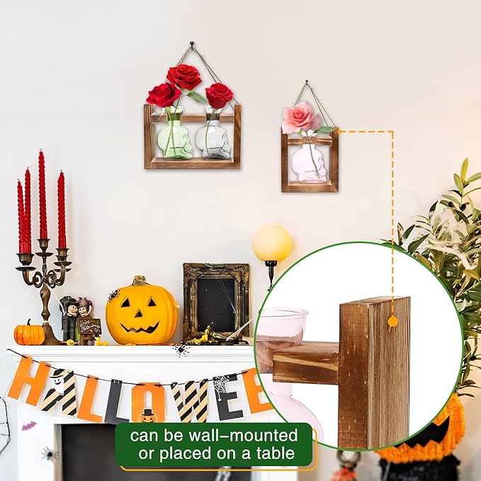 2+1 Plant Terrarium Plant Propagation Station Gifts for Father Halloween Skull Home Office Decor with Wooden Stand