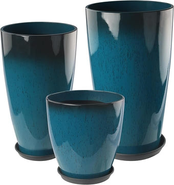 Goldshire 24-21-11 Inch Tall Planters Set of 3, Indoor Outdoor Blue Glossy Round Planter with Drainage Hole and Saucer, Large Decorative Plant Pots for Home Garden Porch