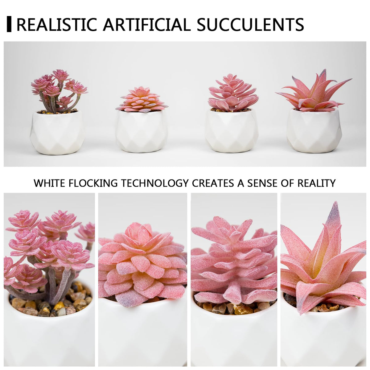 VIVERIE Mini Faux Succulents Plants Artificial in Pots-Rose Pink Desk Accessories, Small Fake Succulents Plants for Home Decor Indoor for Women, White Ceramic, Set of 4