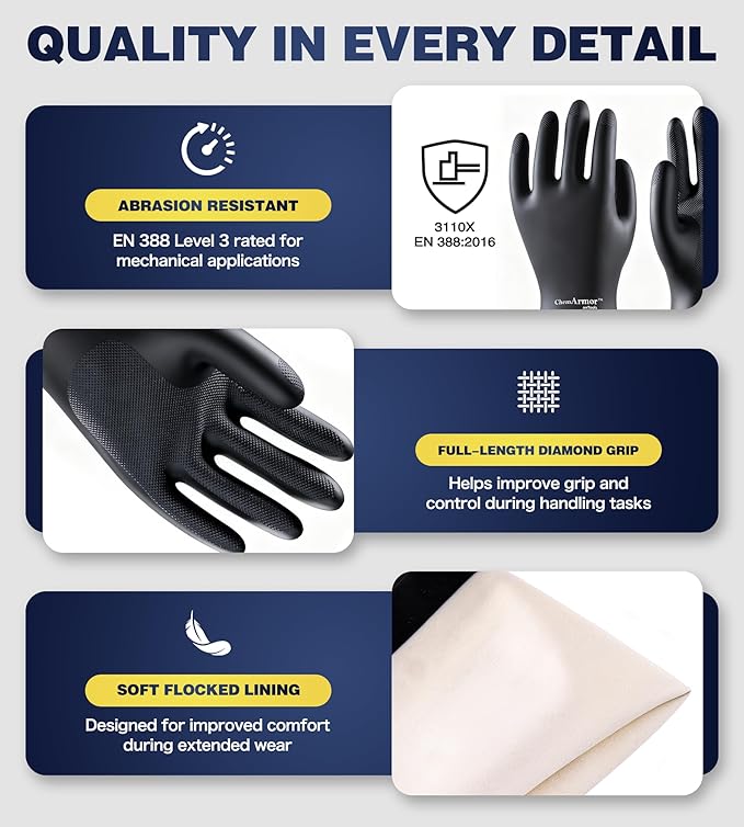 2 Pairs Heavy-Duty Chemical Resistant Rubber Gloves, Protective Industrial Gloves for Cleaning, Dishwashing, Resist Acid, Alkali, Hazmat, Black, Large