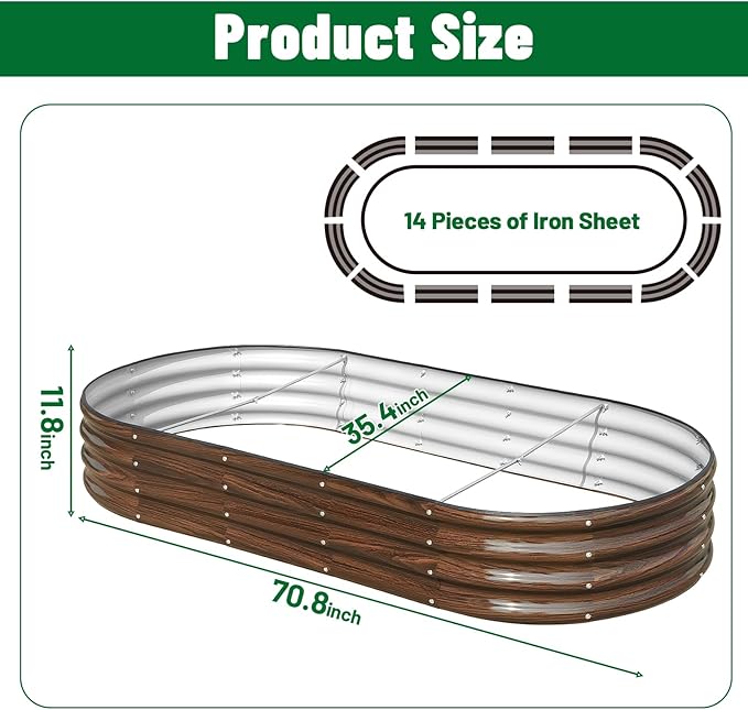 SnugNiture 6x3x1ft Raised Garden Bed Kit, Outdoor Oval Metal Garden Planter, Ground Planter Box for Gardening Vegetables Flowers, Brown