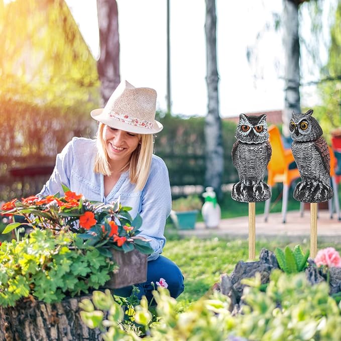 Hedoc 2 Pack Fake Owl Decoys to Scare Birds Away, Rotating Head Bird Deterrents, Nature Enemy Scarecrow Plastic Statues, Pest Repellent for Gardens and Patios