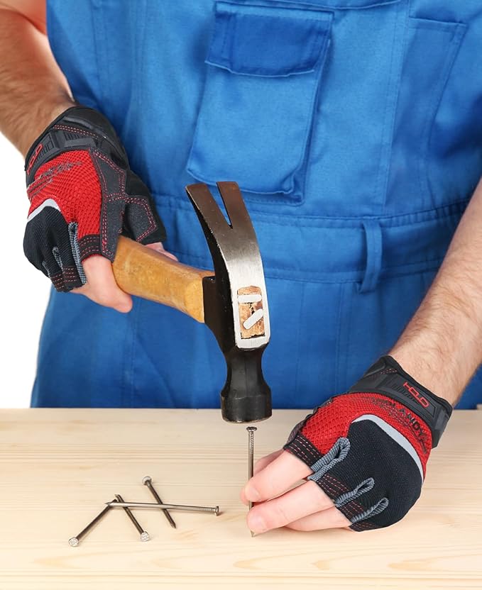 HANDLANDY Fingerless Work Gloves for Men, Half Finger Working Glove Grip Shock-Absorbing Breathable Uwrist TPR Anti-Collision Gloves for Mens & Women (M)