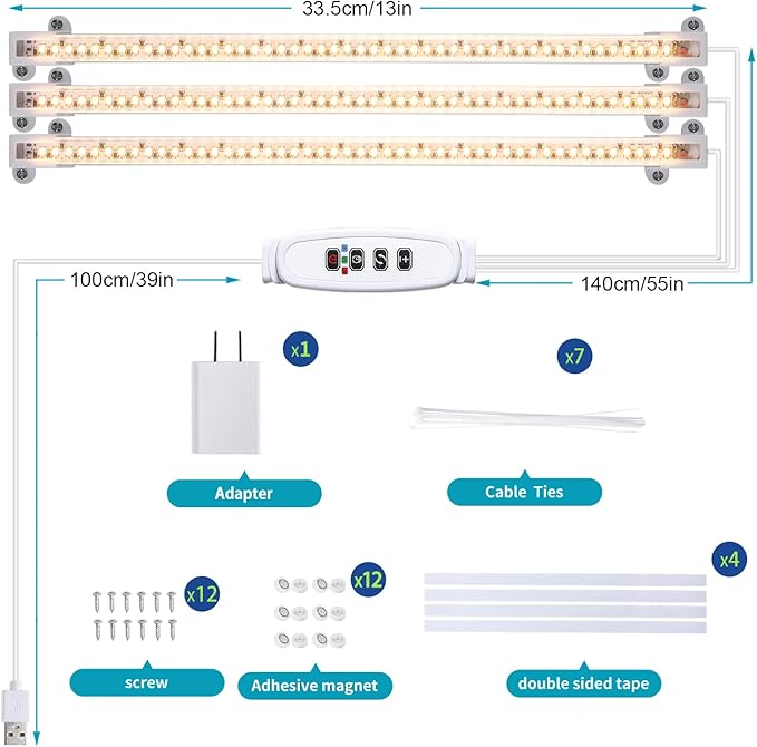 3 Head LED Grow Light Strips for Indoor Plants Full Spectrum 3500K, 144 LEDs Plant Light Bar with 3/9/12H Timer, 10 Dimmable Levels for Seedling Succulent, 13 Inches