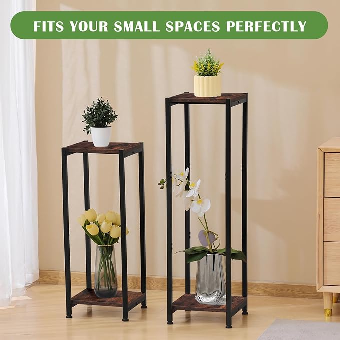 Dipion Tall Plant Stand Indoor,31 Inch Plant Stands,2 Tier Metal Plant Stand with Heavy Duty Wood,Rustic Brown and Black