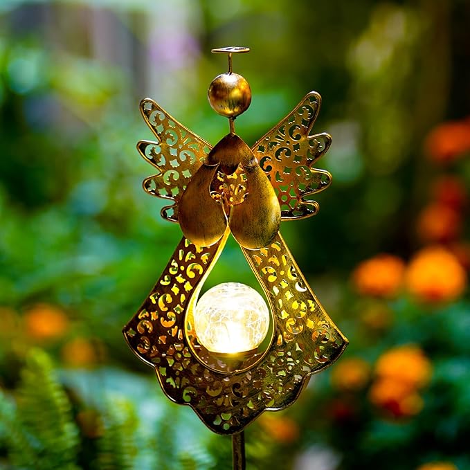 Starryfill Angel Stake Solar Lights with Crackle Glass Globe Waterproof Warm White LED, 40.5 inches Height Metal Bronze Stake Garden Patio Art Decor, Memorial Gift for Mom Women or Friends