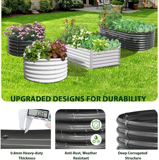 A ANLEOLIFE 3 Pcs 12X3X1.5 ft Oval Extra Large Galvanized Raised Garden Beds Outdoor for Planting Vegetables Flowers Herb, Quartz Grey