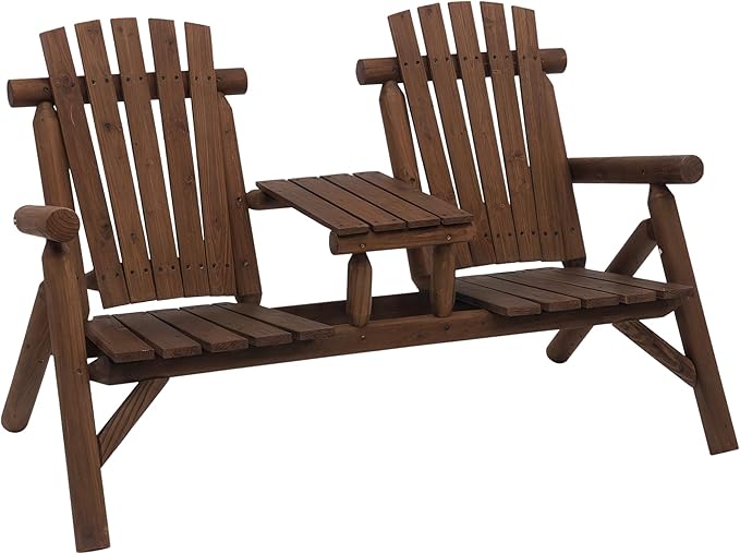 Outsunny 2-Seat Wooden Adirondack Chair, Patio Bench with Table, Outdoor Loveseat Fire Pit Chair for Porch, Backyard, Deck, Carbonized