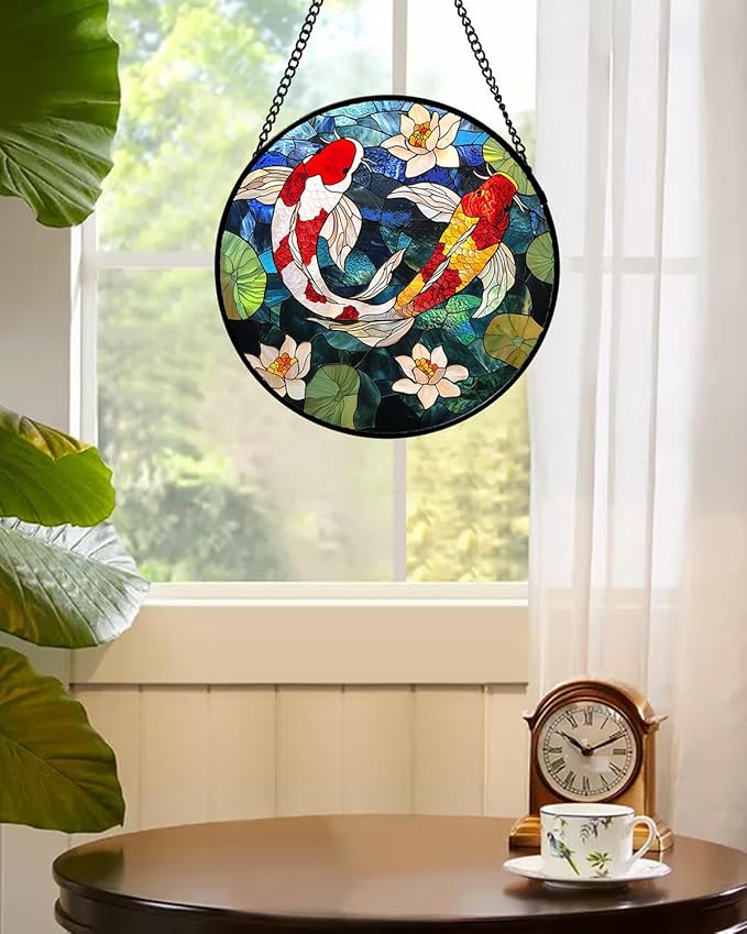 AMDERVEN Stained Glass Window Hanging, Koi and Lotus Sun Catcher for Door Home Decor Fish Suncatcher Christmas Mother's Day Birthday Gifts for Women Men Mom and Nana 15 in