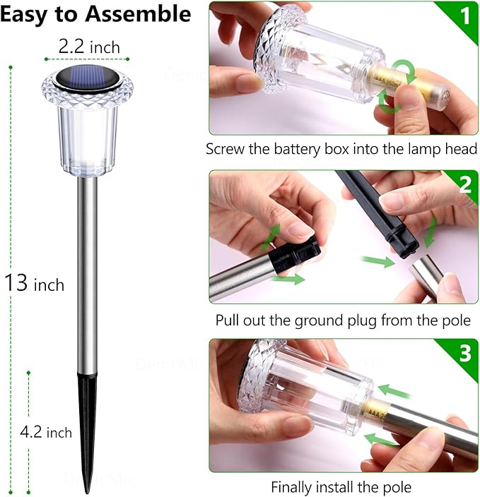 DenicMic Solar Lights Outdoor 15 Pack Waterproof 3000K Warm White LED Stainless Steel Stake Outside Lights for Yard Pathway Garden Driveway Walkway Landscape Path Lighting