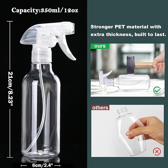 Spray Bottles Plastic Spray Bottle for Hair Mist/Stream Heavy Duty Empty Spray Bottles for Cleaning Solutions, Plants, Cooking (12oz-Clear+nozzle)