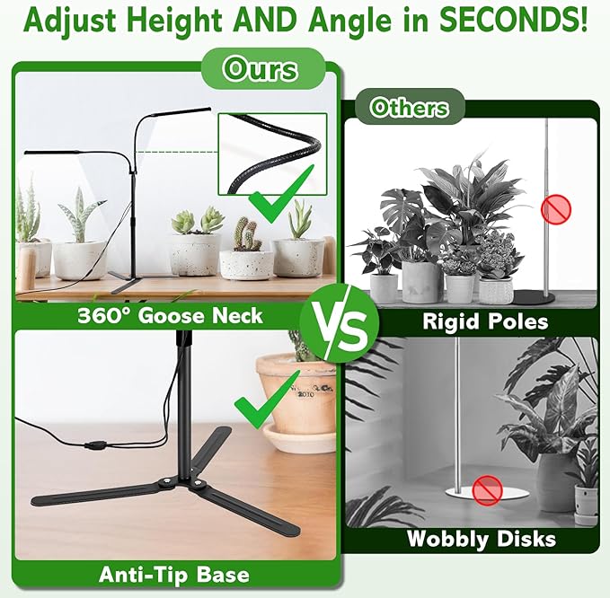 Grow Lights for Indoor Plants, Full Spectrum LED Plant Light Features a Telescoping Rod and a Collapsible Standing Base, Gooseneck, Dimmable, Auto Timer, for Succulents, Houseplants, Seedlings