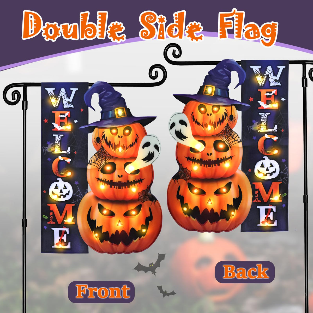 FLAGMESAGE Halloween Lighted Garden Flag, Pumpkin Yard Decor, 12x18 In