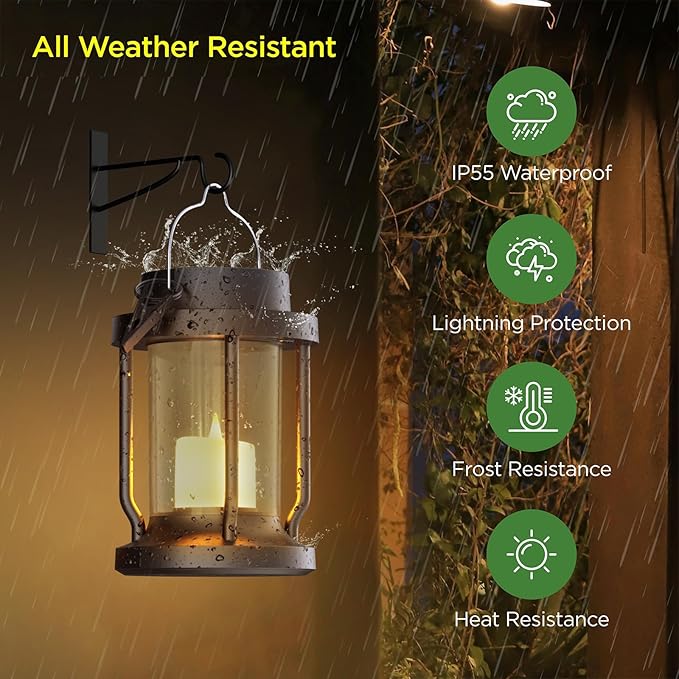 Solar Lantern Outdoor & Indoor Use – Hanging Solar Lights with Realistic Flickering Flameless Candle, Weatherproof for Gardens, Patios, Trees, and Lawns (Black + Gray, 2 Pack)