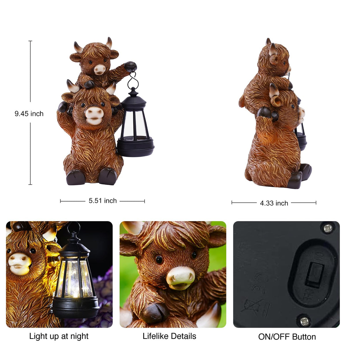 Goodeco Highland Cow with Solar Lantern Garden Statue