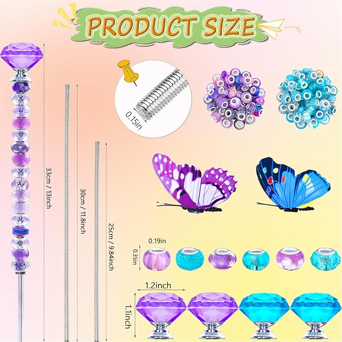 145 PCS Beaded Garden Stakes Kit, DIY Fairy Wand Garden Stake Beads Kits with Assortment Large Hole Beads 4 Crystal Stopper Top 2 Butterfly Tops and Threaded Rods for Outdoor Indoor Decor