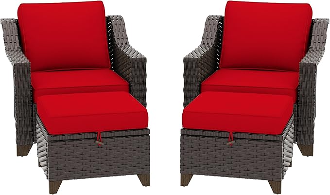 4 Pieces Patio Conversation Furniture Set - 2 Chairs with Ottomans Set of 2, Outdoor Wicker Armchairs with Water-Resistant and Washable Cushions for Porch, Balcony, Sunroom (Red)