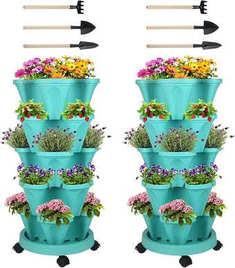 DUNCHATY Stackable Planter, Vertical Garden Planter with Wheels and Garden Tools, Strawberry Planter Indoor/Outdoor 5 Tier Herb Planter Pots for Growing Vegetables and Succulents,Teal