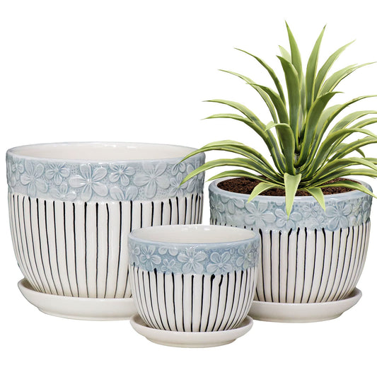 Gray Flower Pots, Texture Ceramic Plant Pots for Indoor Plants Set of 3