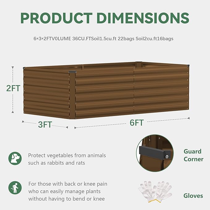 FOOWIN 4pcs 6x3x2ft Galvanized Raised Garden Bed, Planter Raised Garden Boxes Outdoor, Large Metal Raised Beds for Gardening, Garden Bed for Vegetables, Flowers, Herb,269 Gallon Capacity, Brown
